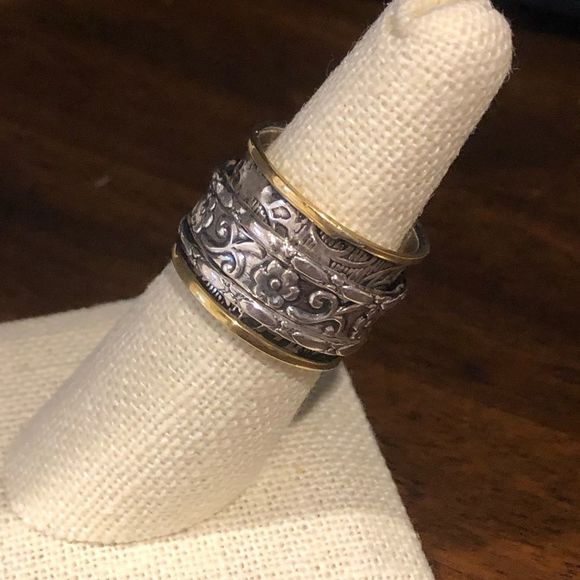 Bicolor Two Tone Engraved Sterling Silver Spinner Ring 7-1/4 - Picture 2 of 6